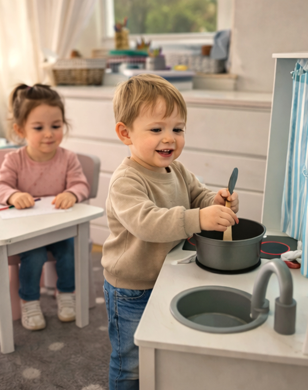 Kind beim Rollenspiel an der Spielküche