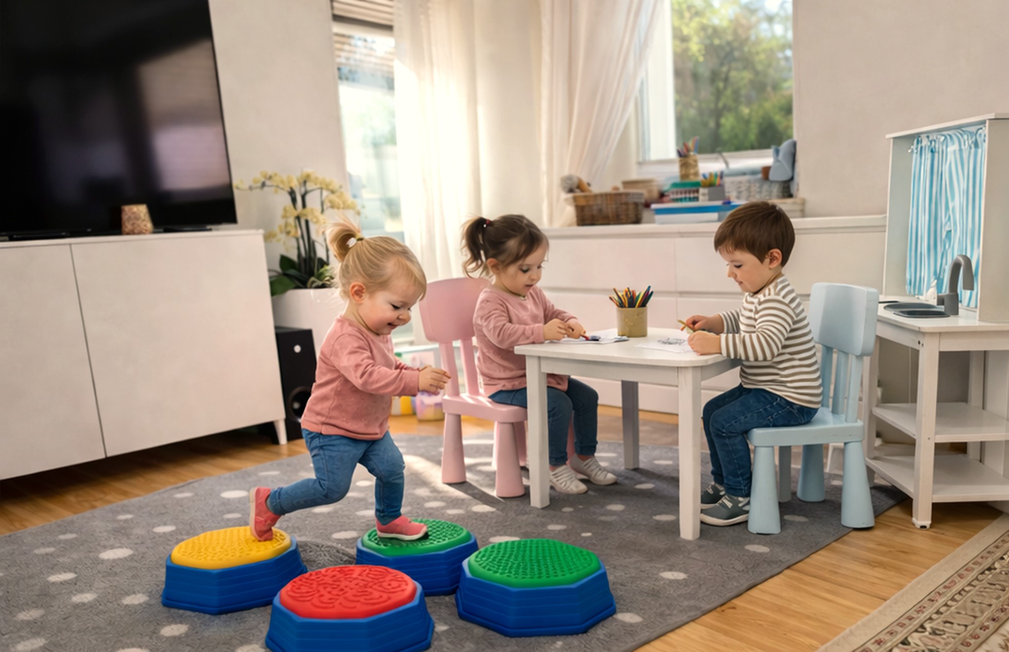 Heller Spielraum mit Kindern beim Spielen und Malen